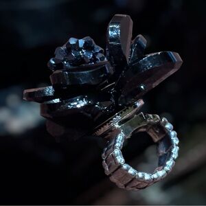 Black/Silver Women's Stretchable Ring With Attached Black Flower